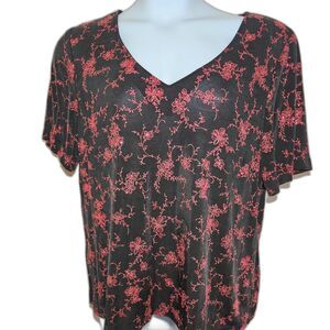 Cato Women's Top Size 18/20W Floral Embroidered Embellished Sparkle Black Pink